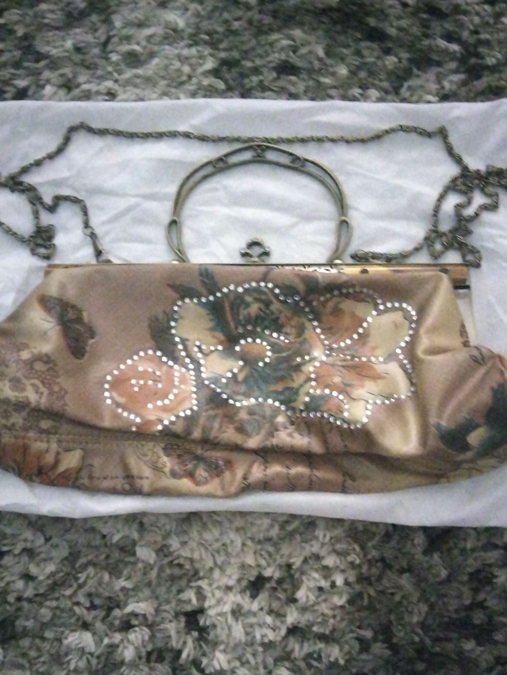 VTG Floral Satin Evening Clutch in Bronze with Rhinestone Accents